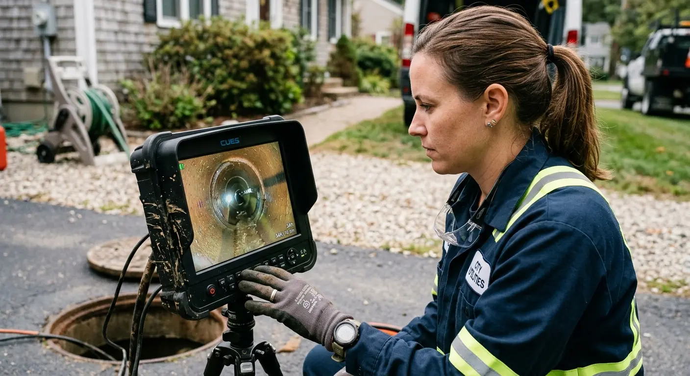 Technician reviewing sewer camera inspection footage in Hudson Falls