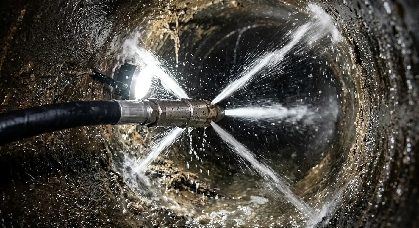 High-pressure hydro jetting nozzle cleaning sewer pipe for Trenchless Sewer Repair in Hudson Falls
