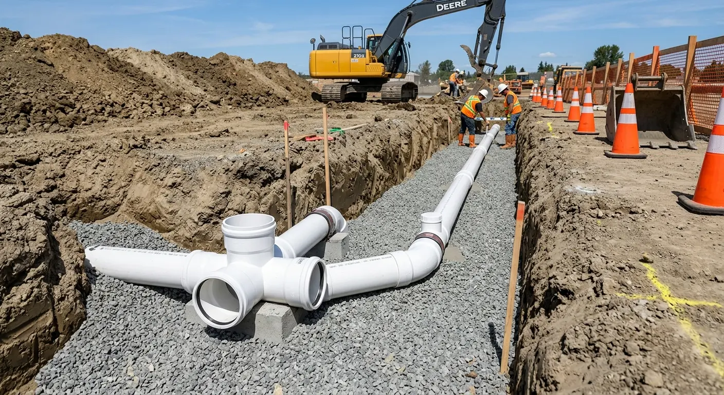New PVC sewer pipe installation in open trench for Grease Trap Cleaning in Hudson Falls