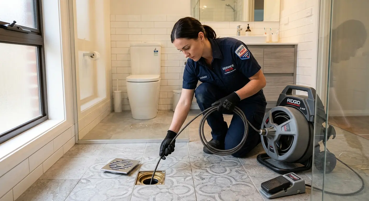 Technician clearing a bathroom floor drain for Drain Repair in Hudson Falls
